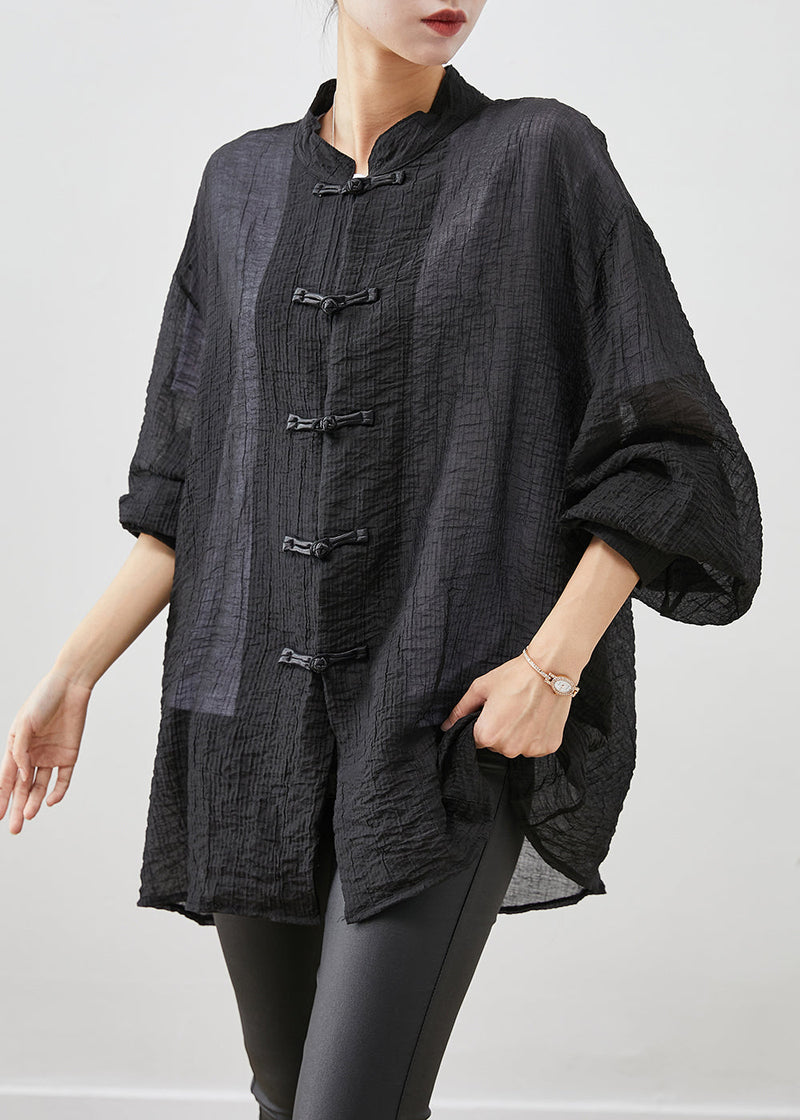 Black Chinese Button Wrinkled Linen Shirt Top Fall