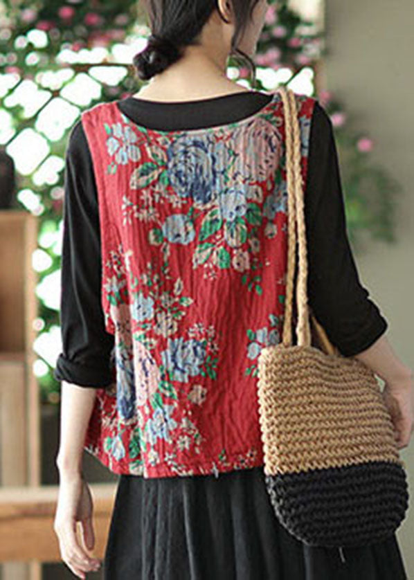 Red Linen Vest O-neck Pocket Patchwork Sleeveless