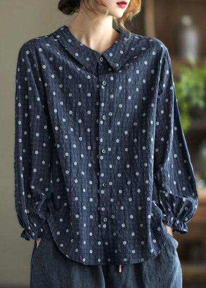 Navy Button Peter Pan Collar Dot Print Shirt Top Lantern Sleeve Fall