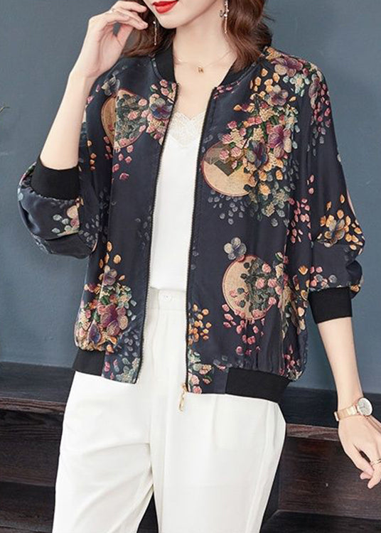 Dark Gray Zip Up Print Pockets Patchwork Silk Coats Fall