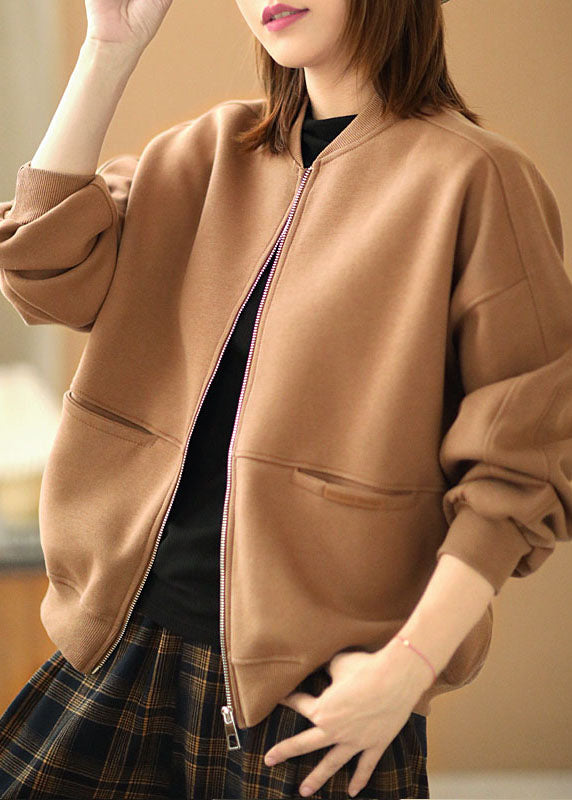 Khaki Zippered Pockets Fall Coats Long Sleeve