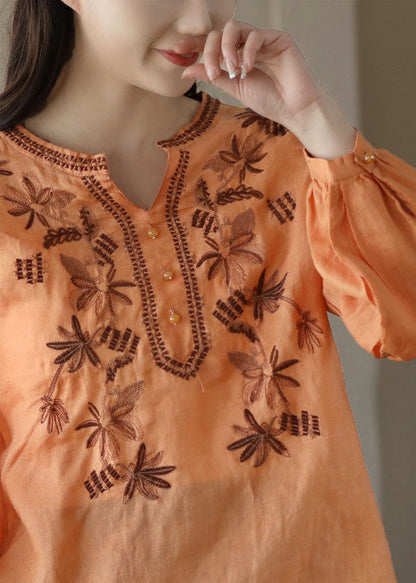 Orange Embroideried Wrinkled Patchwork Linen T Shirt Spring