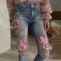 Women's Vintage Rose Floral Embroidery Gradient Art Casual Jeans artswardrobe
