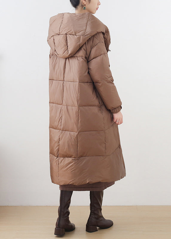 Khaki Button Hooded Down Coat Long Sleeve