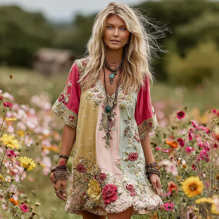 Women's Vintage Rose Floral Art Patchwork V Neck Midi Dress artswardrobe