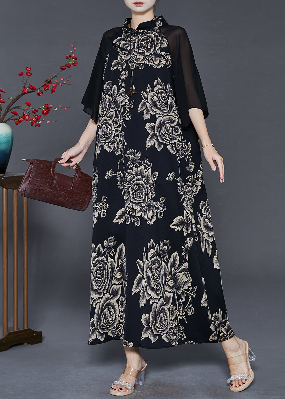 Black Mandarin Collar Patchwork Print Chiffon Long Dresses Summer