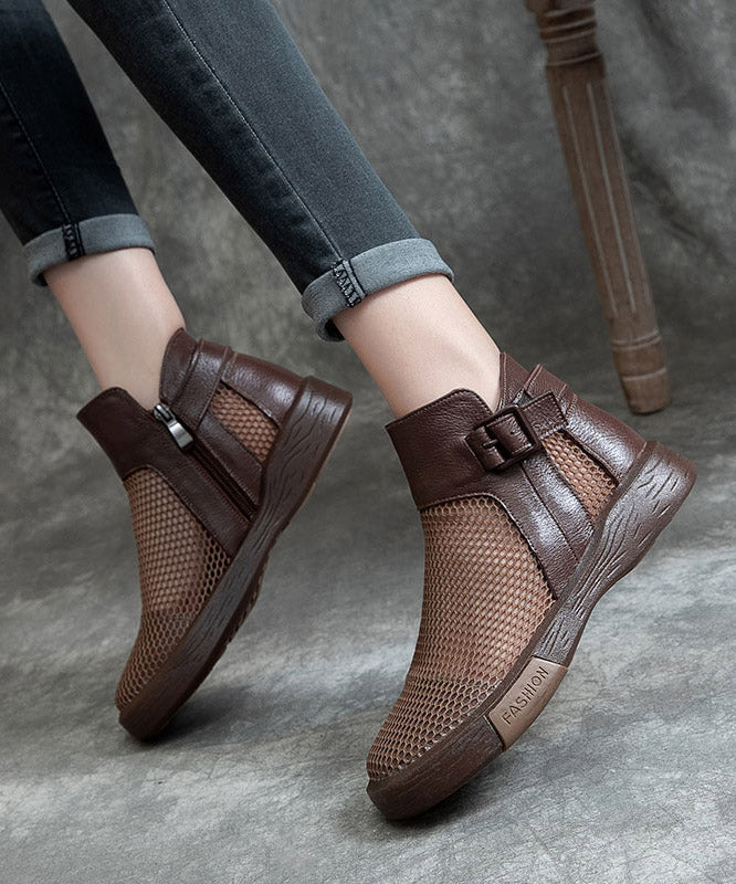 Brown Knit Fabric Hollow Out Splicing Flat Shoes