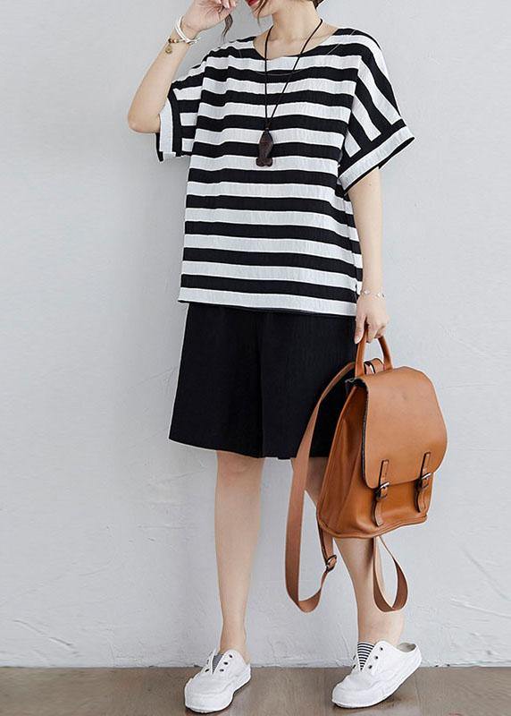 Simple Black White Striped Side Open Two Pieces Set Summer Cotton
