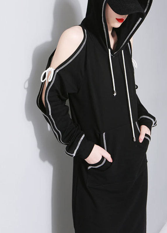 New Black Hooded Pockets Asymmetrical Design Fall Sweatshirts Dresses