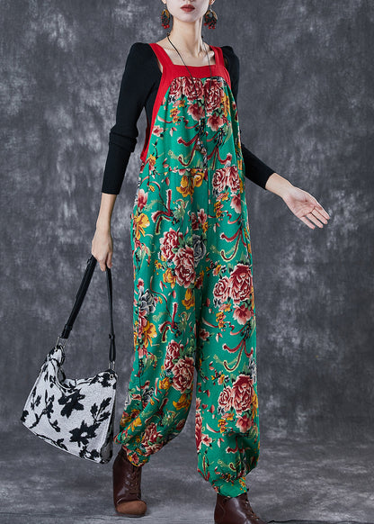 Green Oversized Print Cotton Overalls Jumpsuit Fall