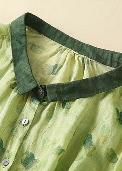 Green Peter Pan Collar Print Button Linen Shirts Long Sleeve