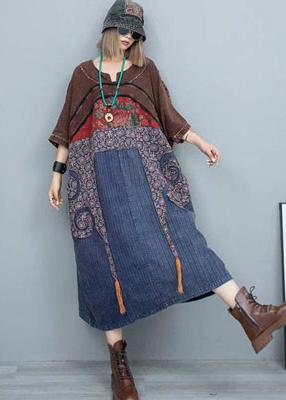 Colorblock O Neck Patch Cotton Dress Spring