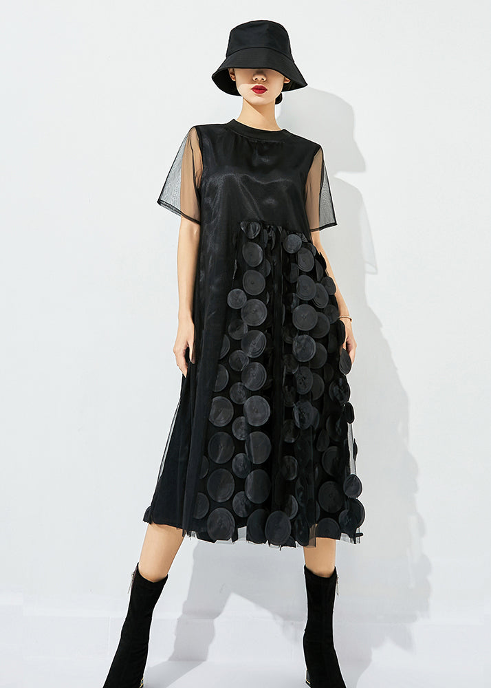 Black O-neck Patchwork Dot Tulle Holiday Dress Summer