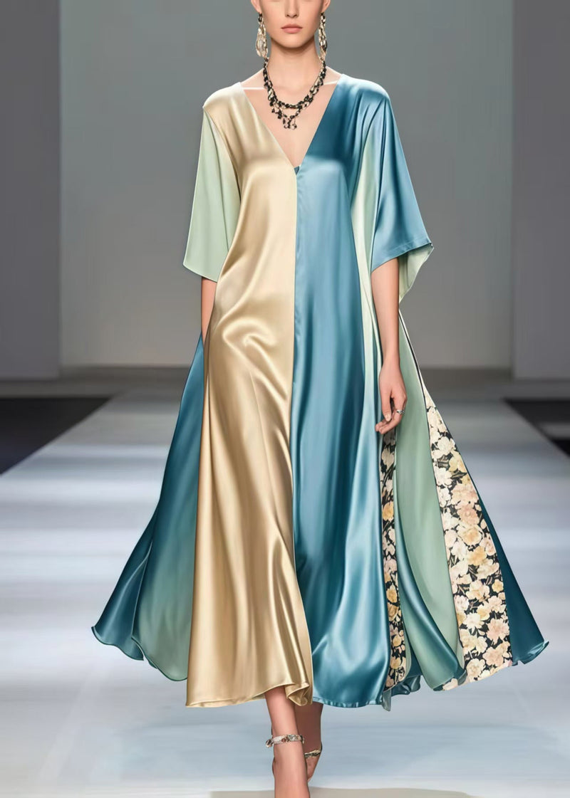 Polychrome Asymmetrical Patchwork Silk Robe Dresses Summer