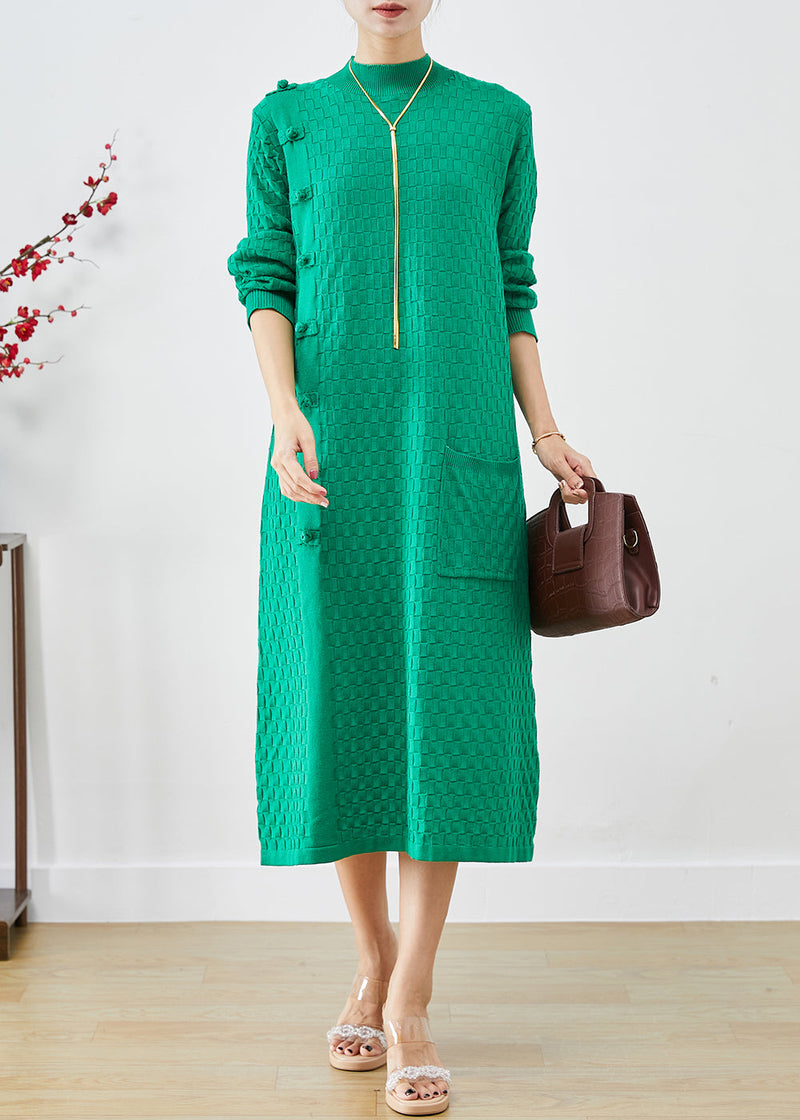 Green Plaid Chinese Button Knitwear Dress Winter