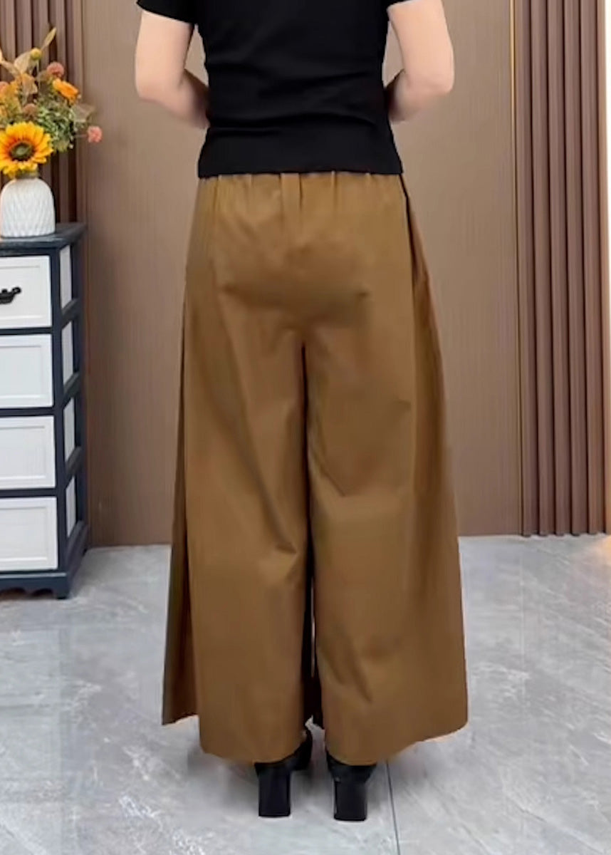 Brown Oversized Pockets Wrinkled Cotton Pants Skirts Fall