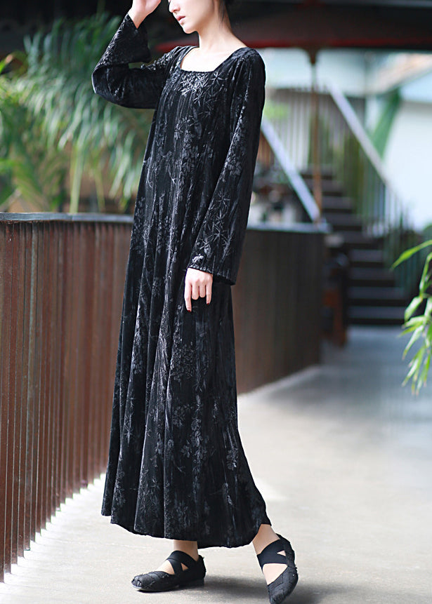 Black U Neck Print Velour Long Dresses Fall