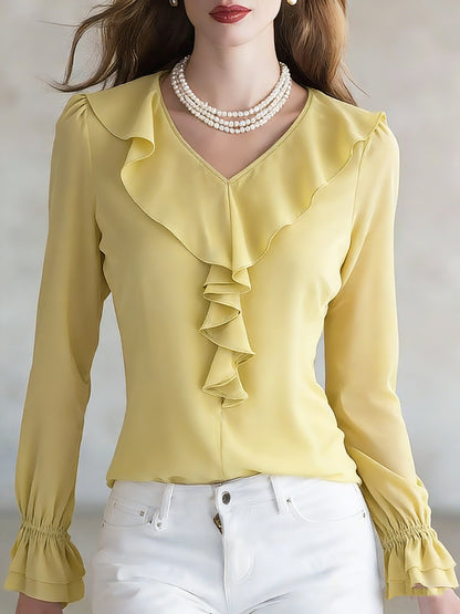Brief Yellow V Neck Silk Shirt Spring