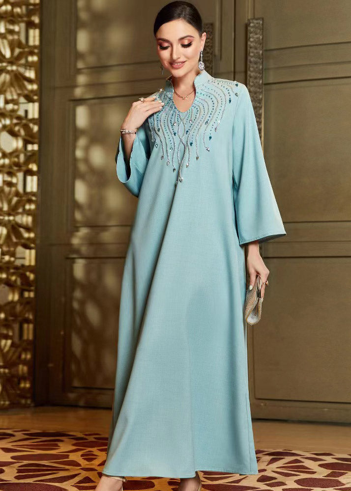 Blue Zircon Handmade Beaded Maxi Dress Fall