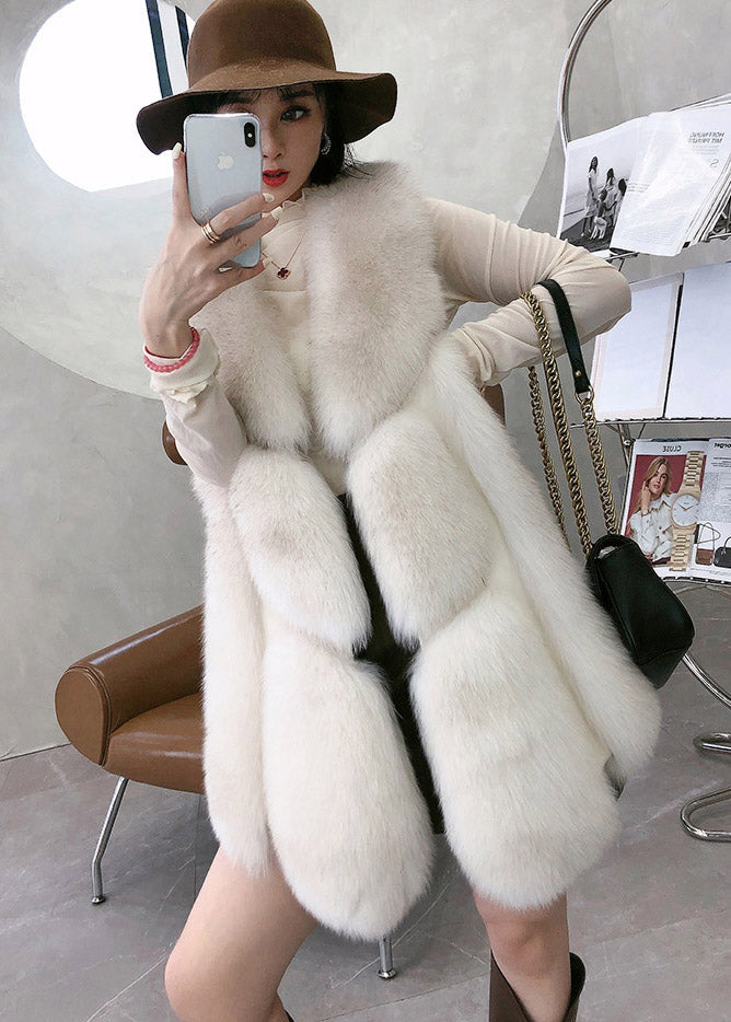 Simple White V Neck Thick Leather and Fur Waistcoat Winter
