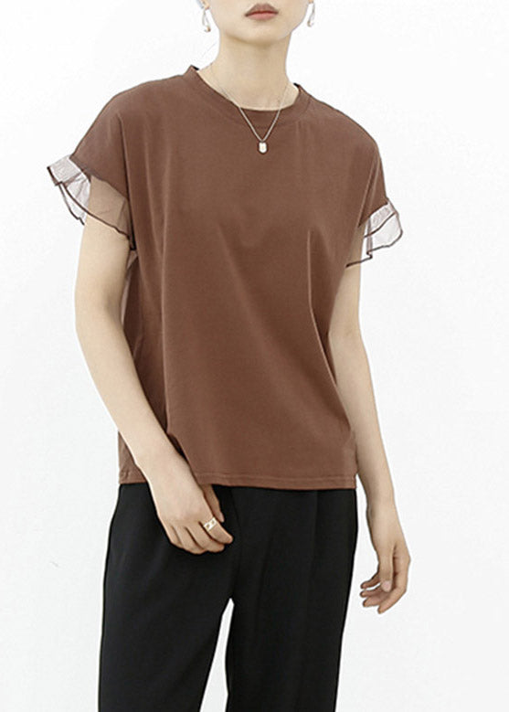 Brown Tulle Patchwork Cotton T Shirt Summe