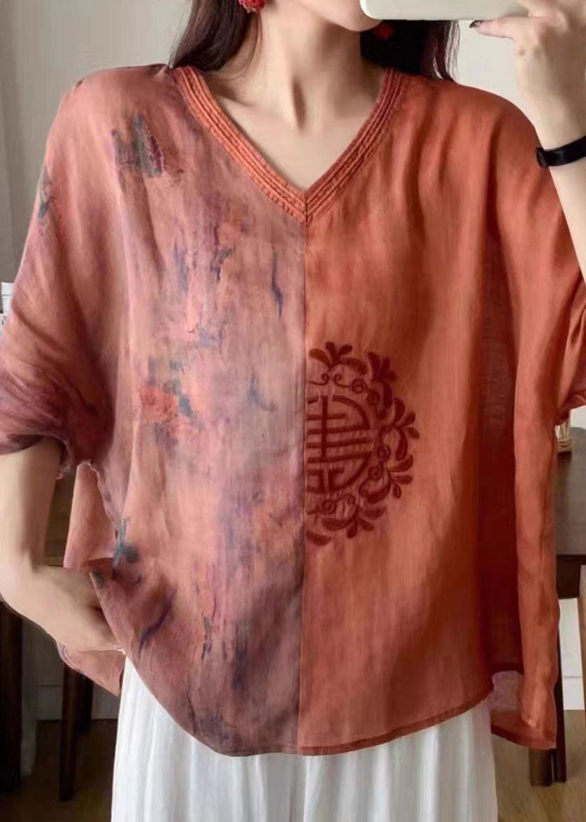 Orange V Neck Embroideried Print Patchwork Linen Shirt Tops Summer