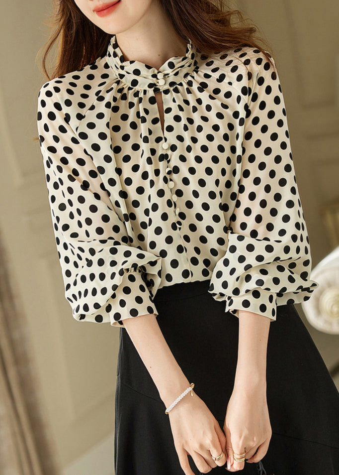 Beige Stand Collar Dot Print Chiffon Shirts Long Sleeve