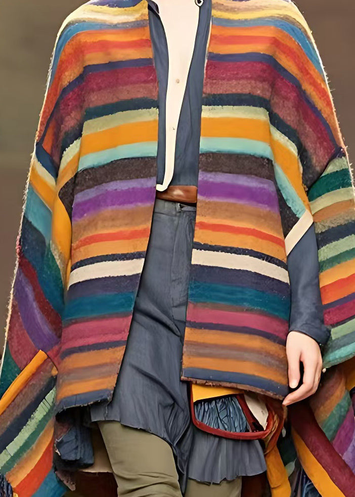 Rainbow Striped Low High Design Tassel Woolen Coats Long Sleeve