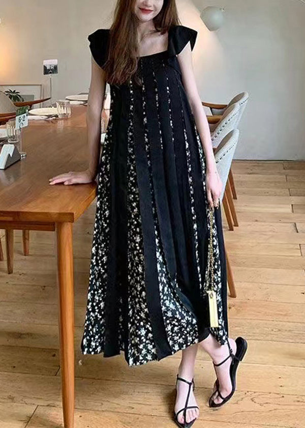 Black Print Wrinkled Patchwork Cotton Dresses Summer