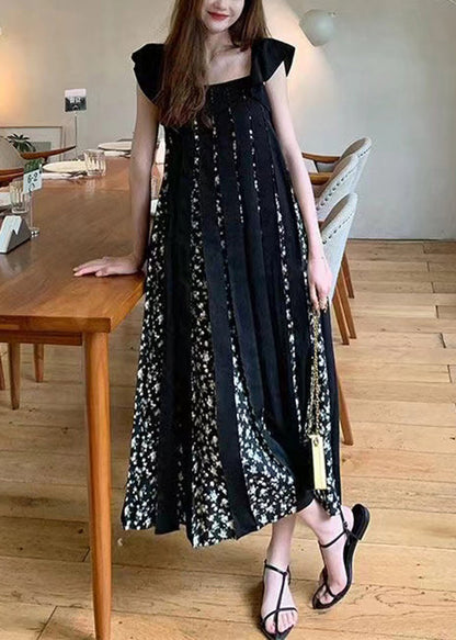 Black Print Wrinkled Patchwork Cotton Dresses Summer