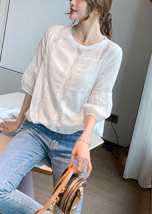 White Hollow Out Patchwork Cotton Shirt Lantern Sleeve