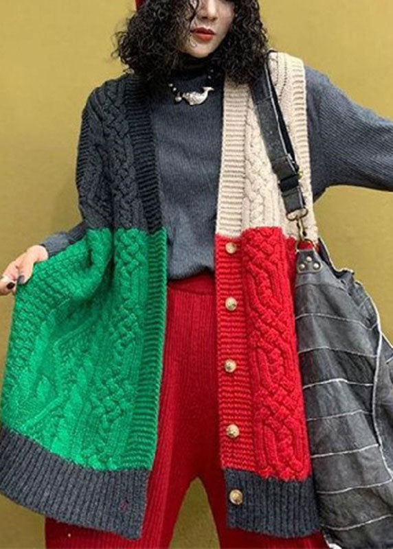 Red Green Loose V Neck Button Patchwork Fall Top Sleeveless Vest