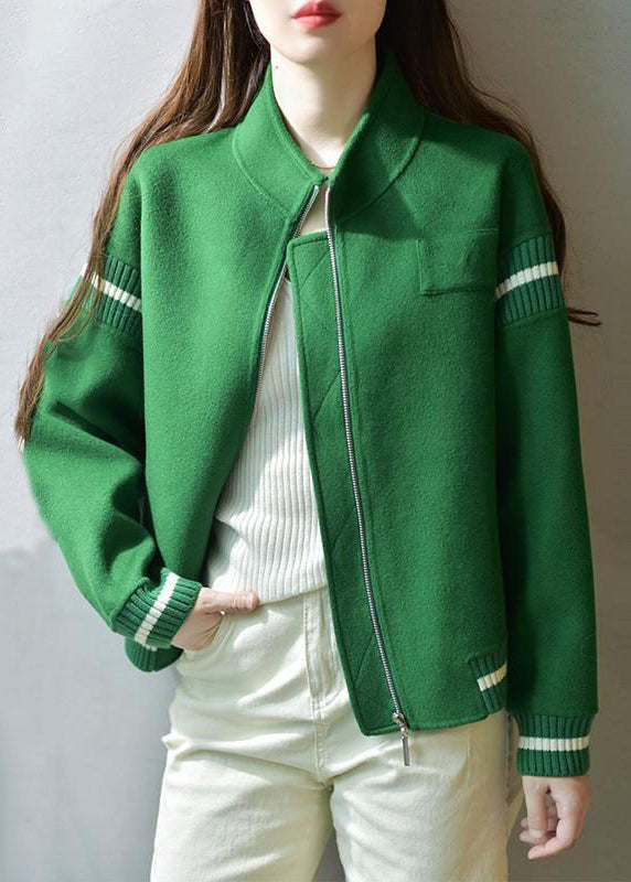 Green Stand Collar Zip Up Patchwork Woolen Coats Fall
