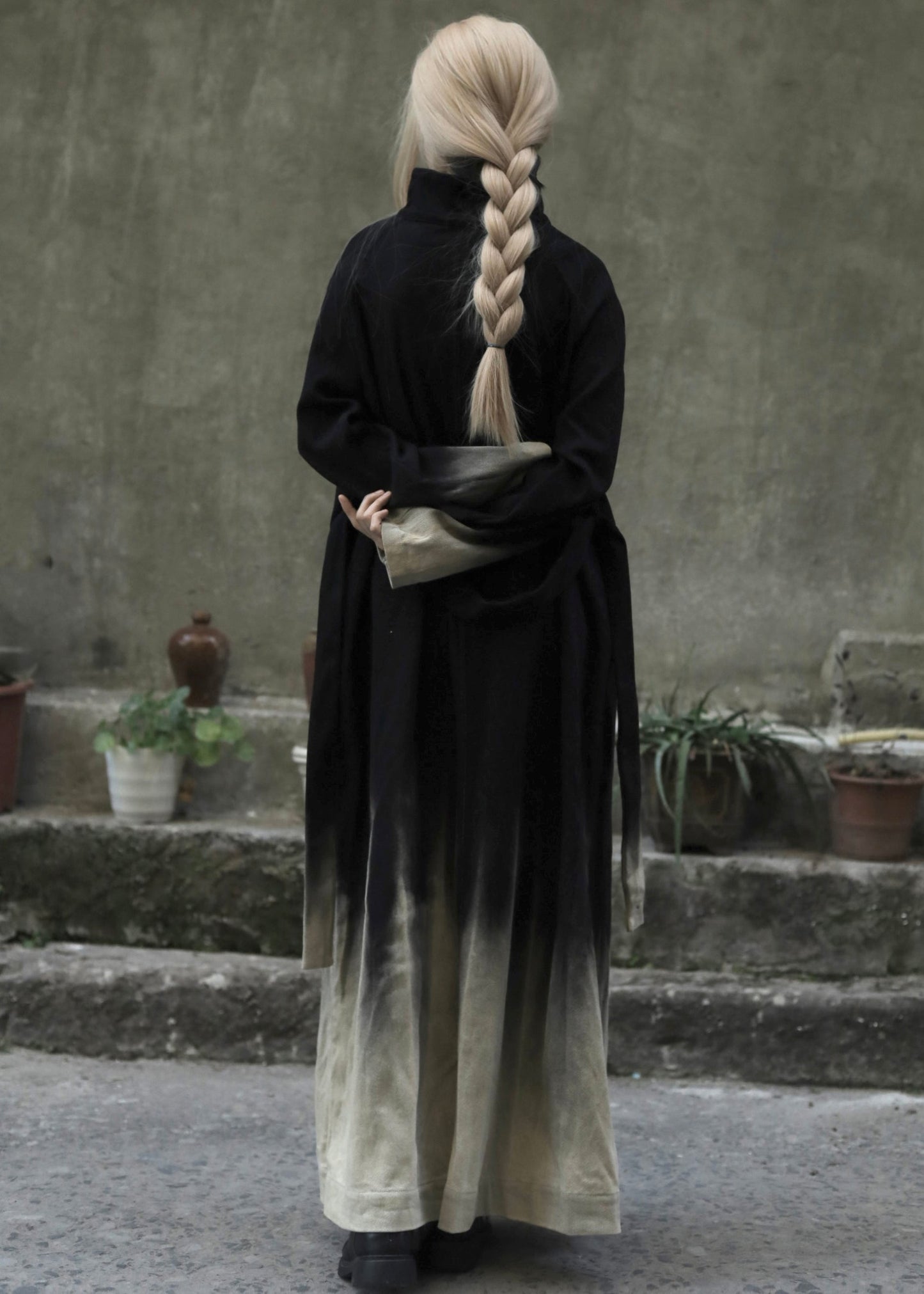 Gradient Color Tie Waist Pockets Denim Long Coats Long Sleeve Spring