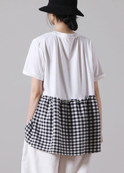 Boutique White Patchwork Plaid Pockets Cotton Shirt Tops Short Sleeve Summer