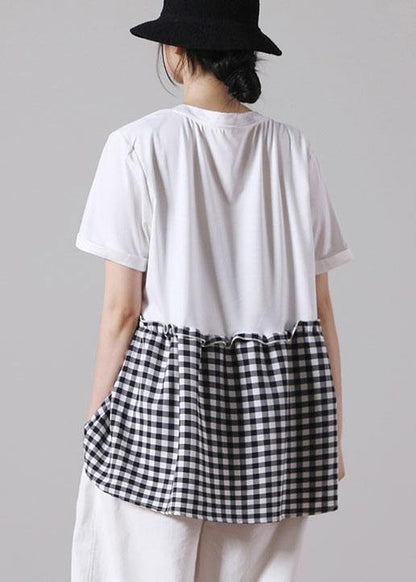 Boutique White Patchwork Plaid Pockets Cotton Shirt Tops Short Sleeve Summer