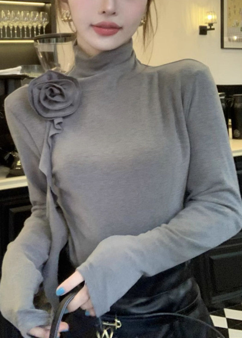 Grey Turtle Neck Stereoscopic Cotton Shirts Fall
