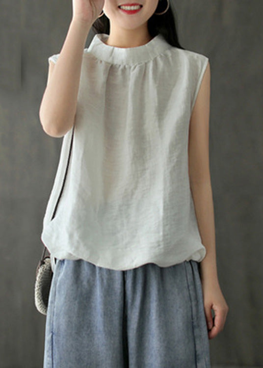 Brief White Stand Collar Linen Top Sleeveless