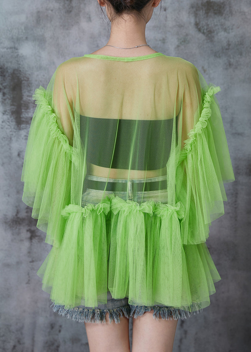 Grass Green Patchwork Tulle Shirt Tops Batwing Sleeve