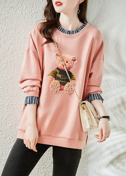 Pink Bear Patchwork Warm Fleece Sweatshirts Top Winter