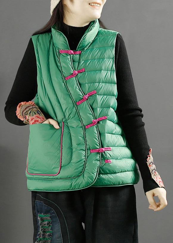 Art Green Pockets Oriental Duck Down Filled Vest Winter