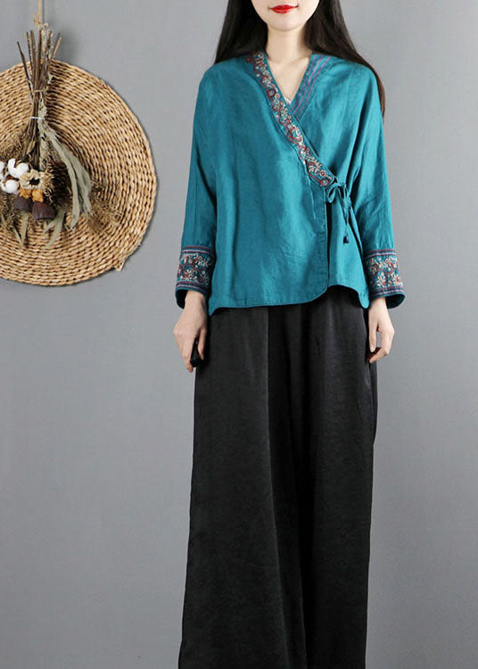 Blue Cinched Embroideried Tops Spring