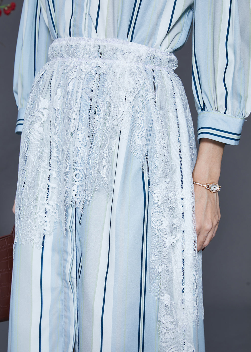 Light Blue Striped Patchwork Lace Cotton Dresses Spring