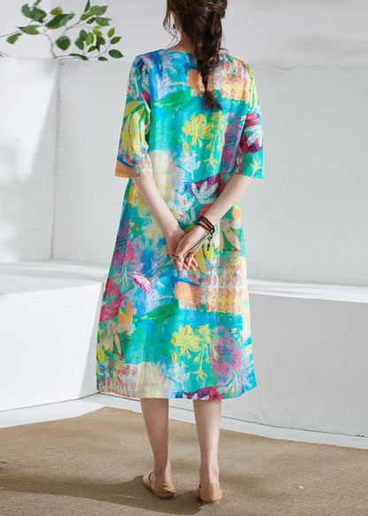 Comfy Blue O-neck Patchwork Print Summer Ramie Party Dress