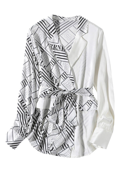 White V Neck Patchwork Print Tie Waist Silk Shirt Long Sleeve