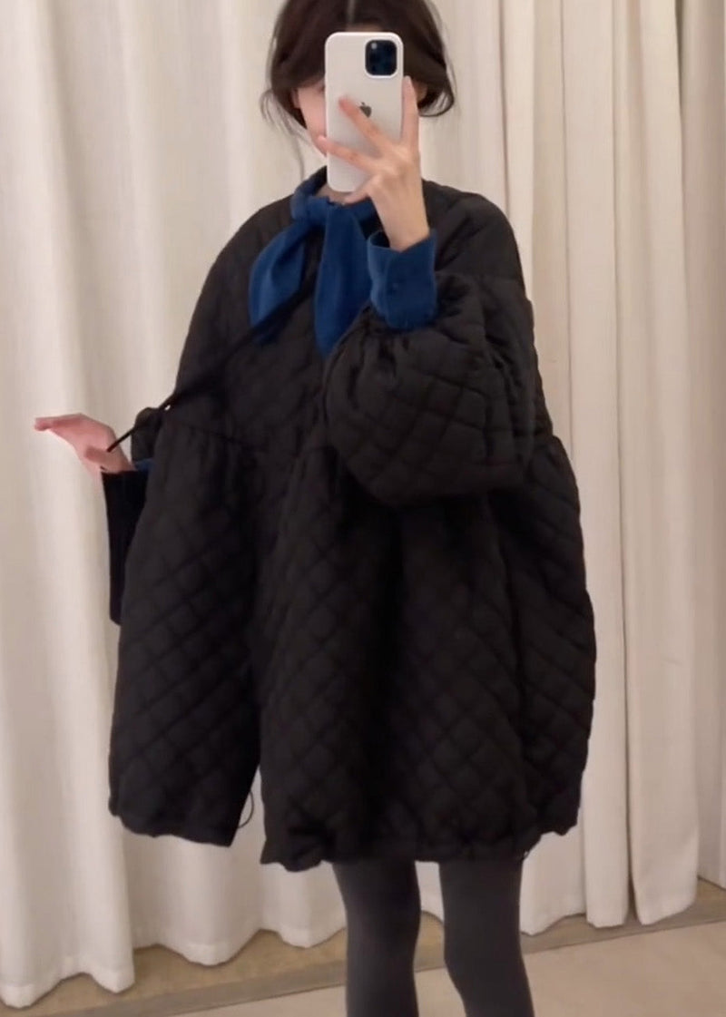 Black Oversized Plaid Fine Cotton Filled Dresses Lantern Sleeve