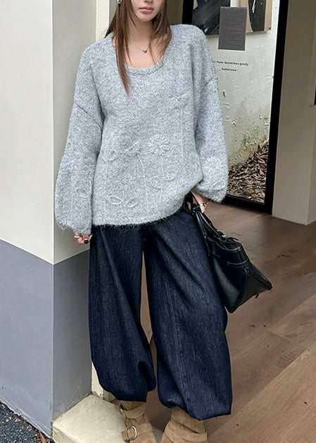 Grey Jacquard Thic Knit Sweater Tops Winter