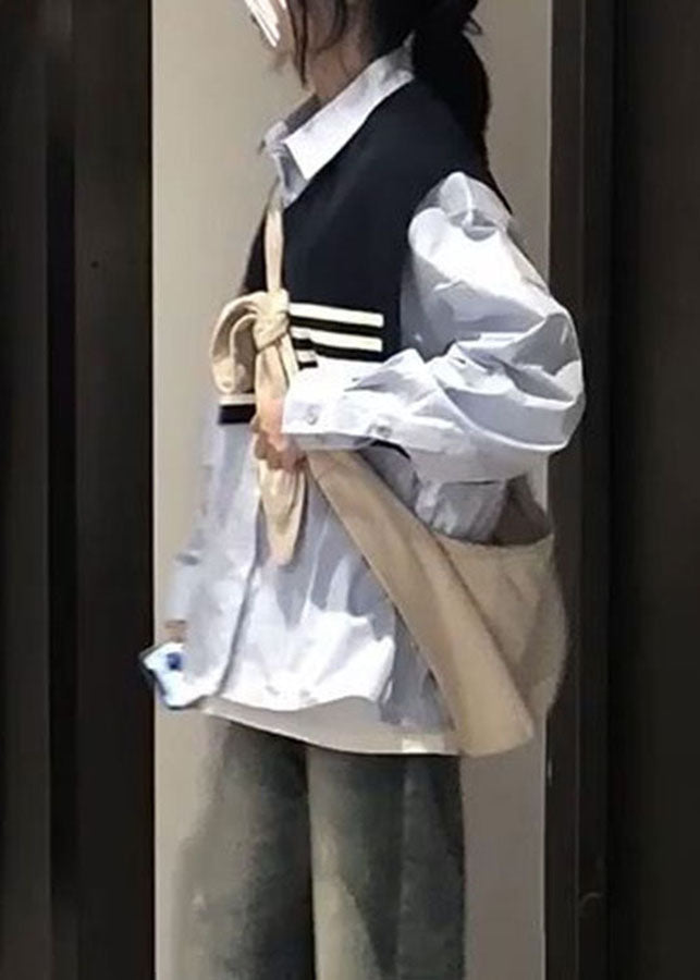 Black Striped Patchwork Knit Shawl and Light Blue Shirt Two Piece Set Long Sleeve