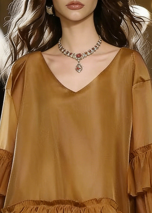 Khaki V Neck Ruffles Chiffon Mid Dress Summer