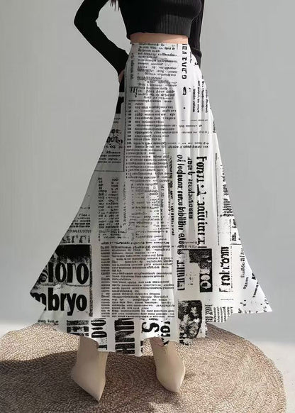 Unique White Newspapers Print Draping Chiffon Skirts Fall